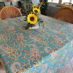Turquoise Blue Gold & Pink Paisley Print Fabric Tablecloth 80" x 60" Rectangle